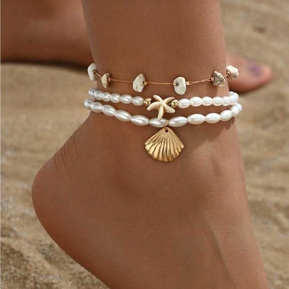 Jewelry - 3pcs/Set White Starfish Pearl Beaded Gold Seashell Stone Chain Anklet